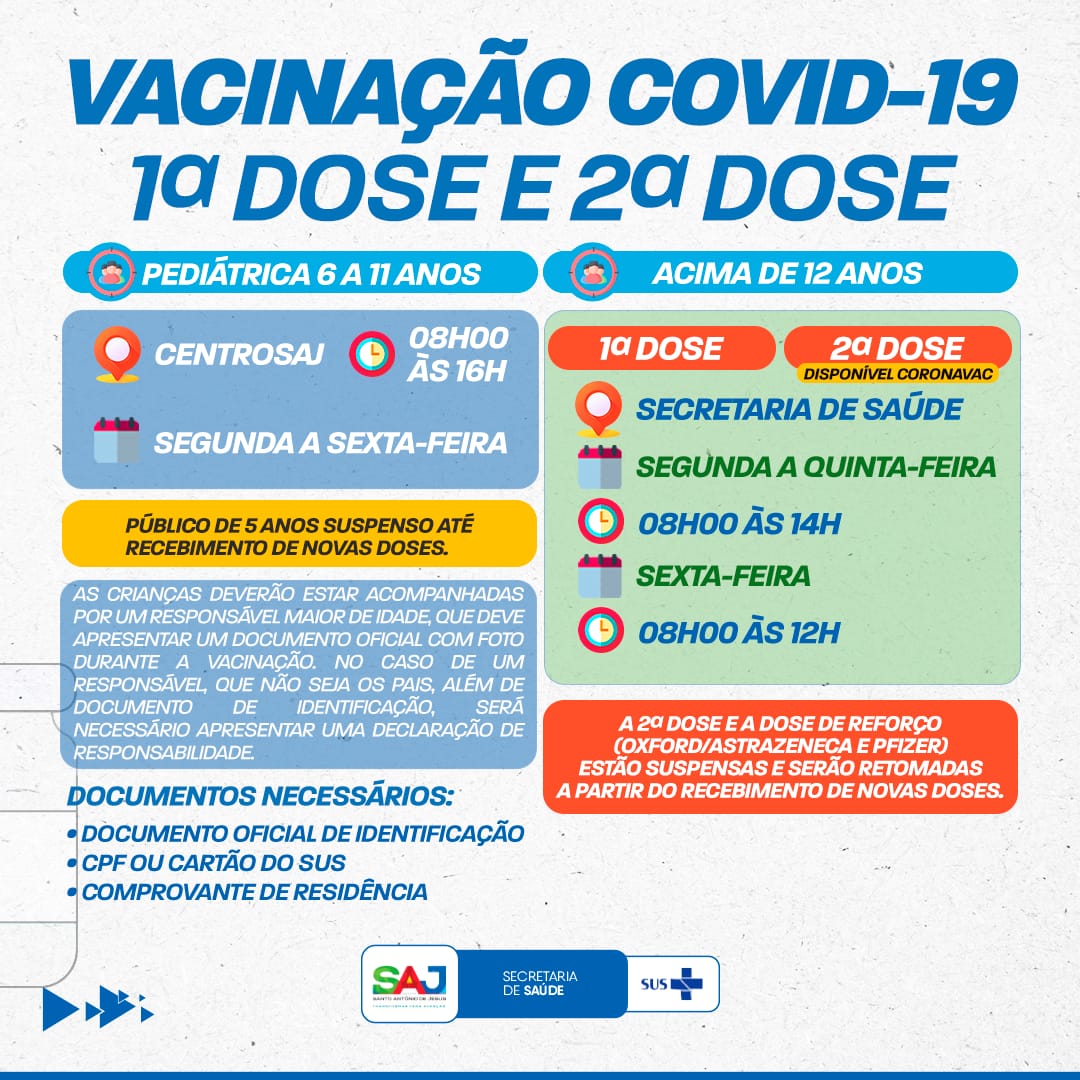 SAJ: Secretaria Municipal de Saúde (SMS) divulgou disponibilidade de vacinas contra a COVID-19