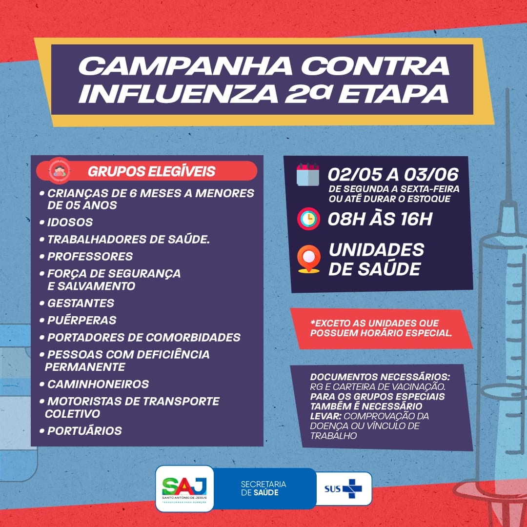 SAJ: Secretaria Municipal de Saúde (SMS), iniciará 2ª etapa de vacinação contra a Influenza