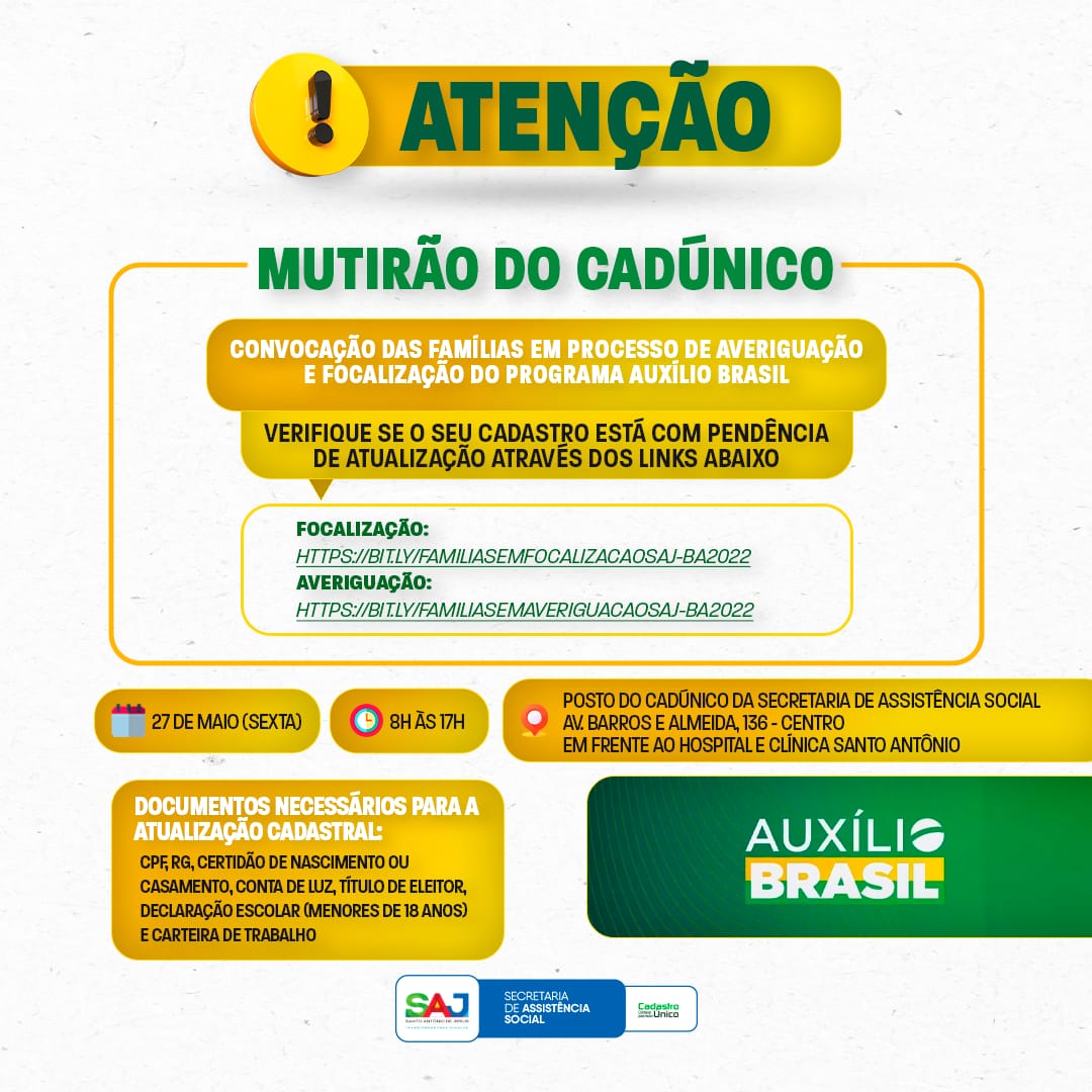 Secretaria de Assistência Social (SMAS), convoca famílias para mutirão do CADÚnico voltado para o programa Auxílio Brasil