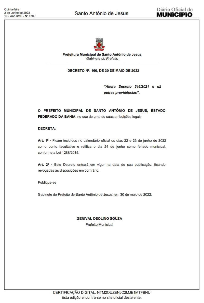 Prefeitura retifica através do Decreto Municipal nº 160/2022, que o dia 24/06/2022 será feriado