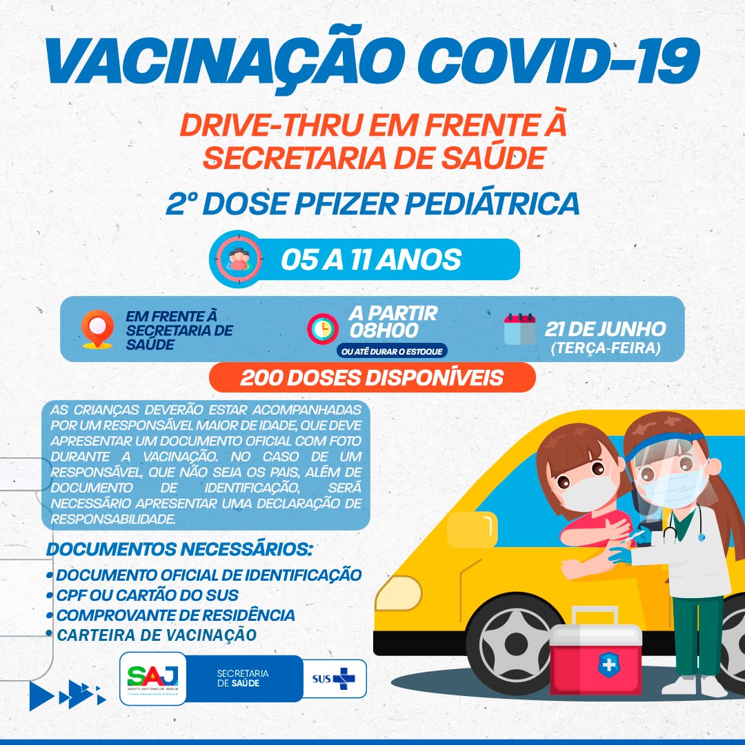 Secretaria de Saúde (SMS) realizará Drive-Thru para aplicação de segunda dose de imunizante pediátrico da Pfizer contra a COVID
