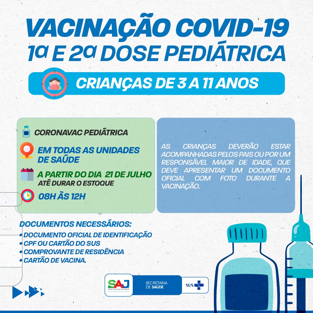 Prefeitura vacinará, com dose pediátrica, crianças de 03 a 11 anos, contra a COVID-19