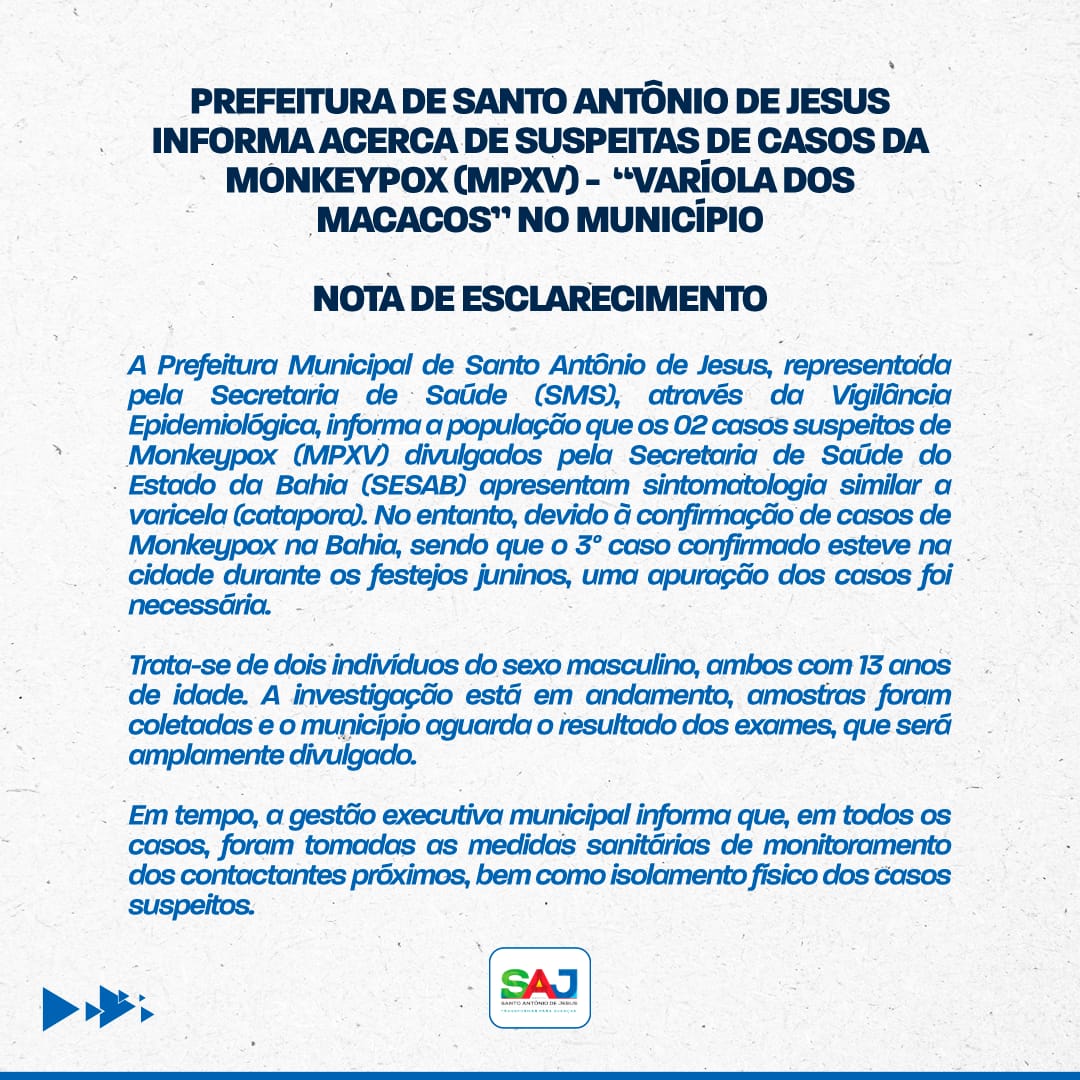 Prefeitura de Santo Antônio de Jesus informa acerca de suspeitas de casos da Monkeypox (MPXV) –  “Varíola dos Macacos” no município