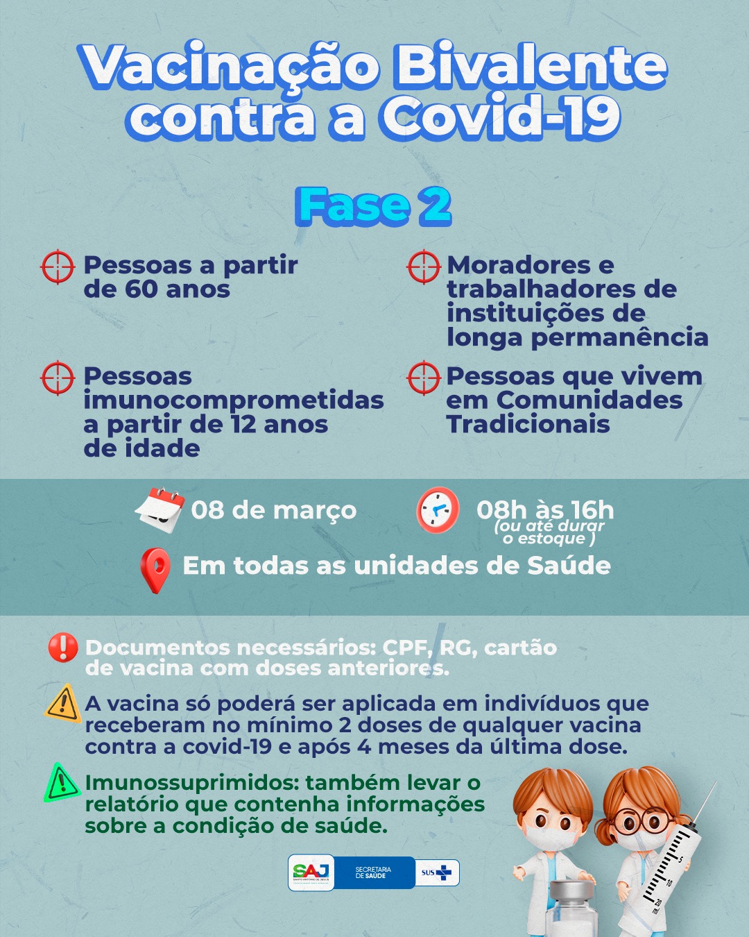 Prefeitura realizará, na quarta-feira (08), dia de vacinação com imunizante bivalente contra a COVID-19