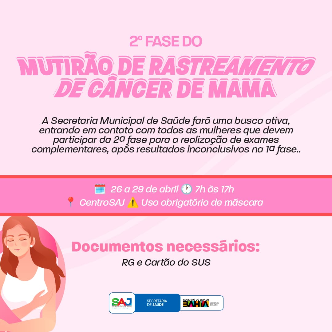 Prefeitura, em parceria com a SESAB, realizará Fase II do mutirão para rastreamento de câncer de mama