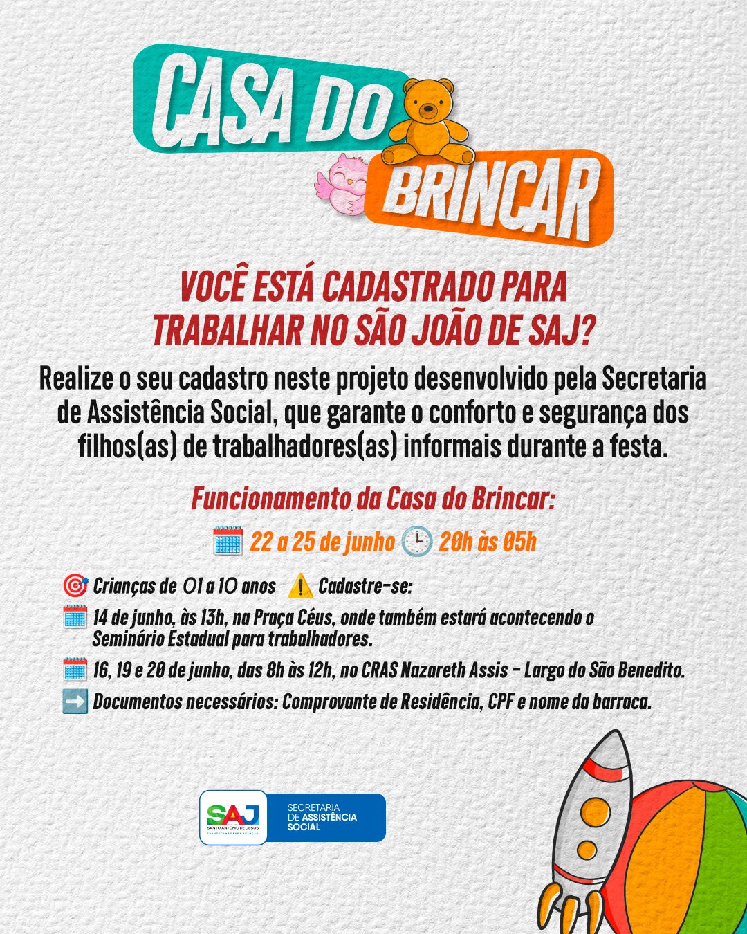 Prefeitura de Santo Antônio de Jesus abrirá cadastramento para o projeto Casa do Brincar