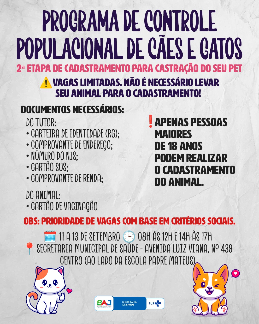 Prefeitura de Santo Antônio de Jesus realizará 2ª etapa de cadastramento para castração de Cães e Gatos