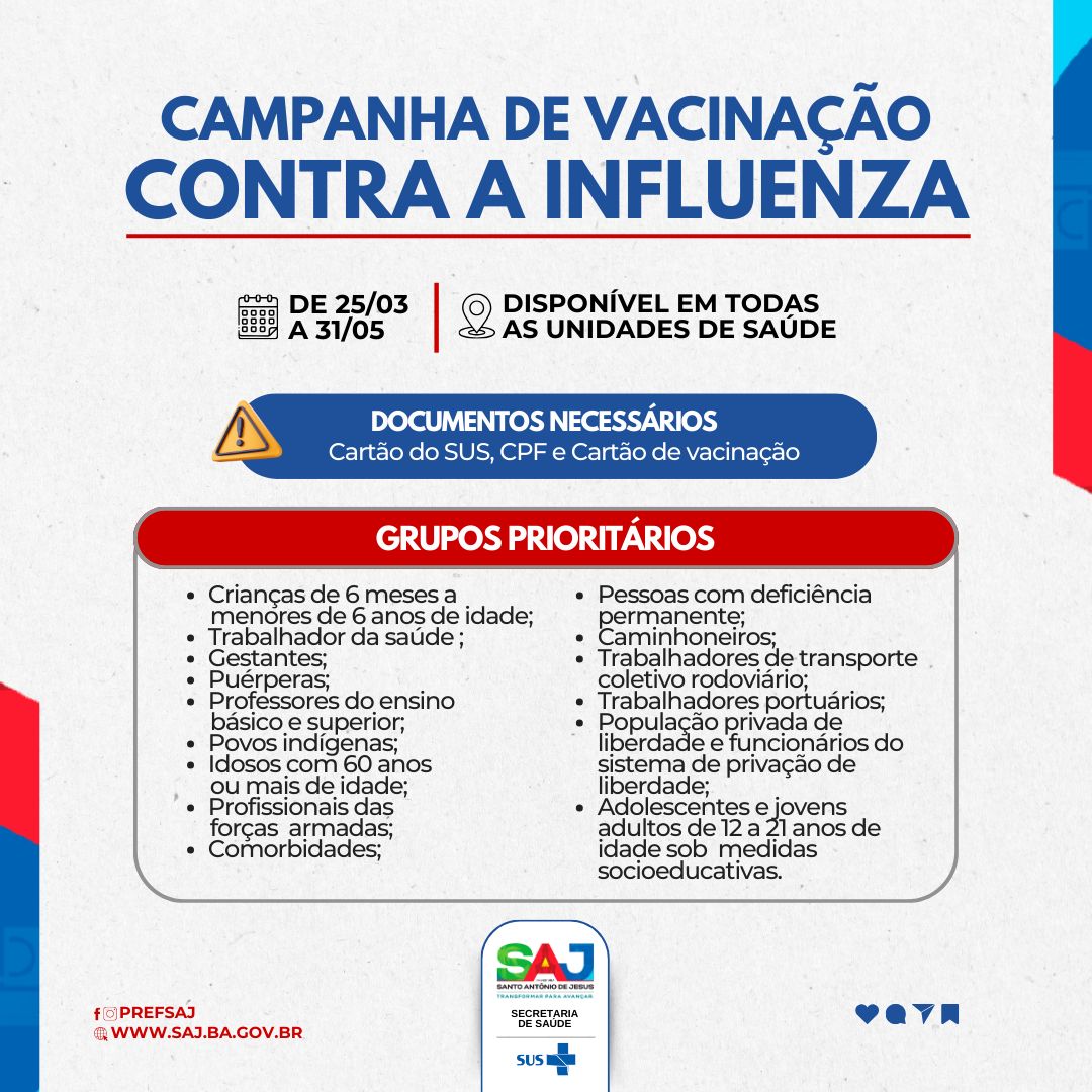 Prefeitura de Santo Antônio de Jesus realizará campanha de vacinação contra a Influenza
