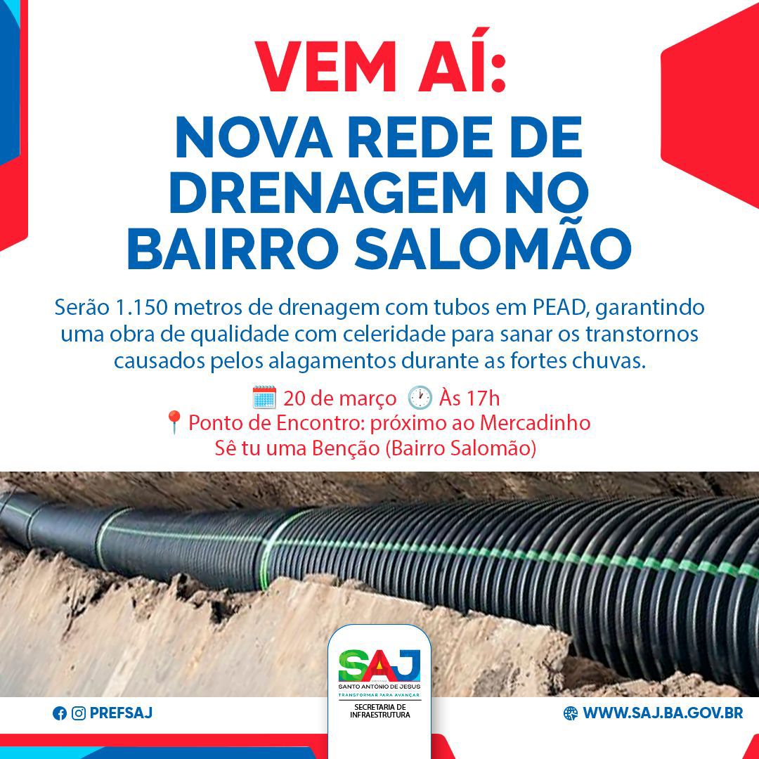 Prefeitura de Santo Antônio de Jesus realizará assinatura de ordem de serviço para obra de drenagem no Bairro Salomão
