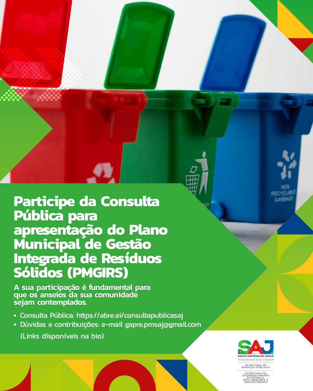 SAJ: Prefeitura informa acerca de Consulta Pública para apresentação do Plano Municipal de Gestão Integrada de Resíduos Sólidos (PMGIRS)