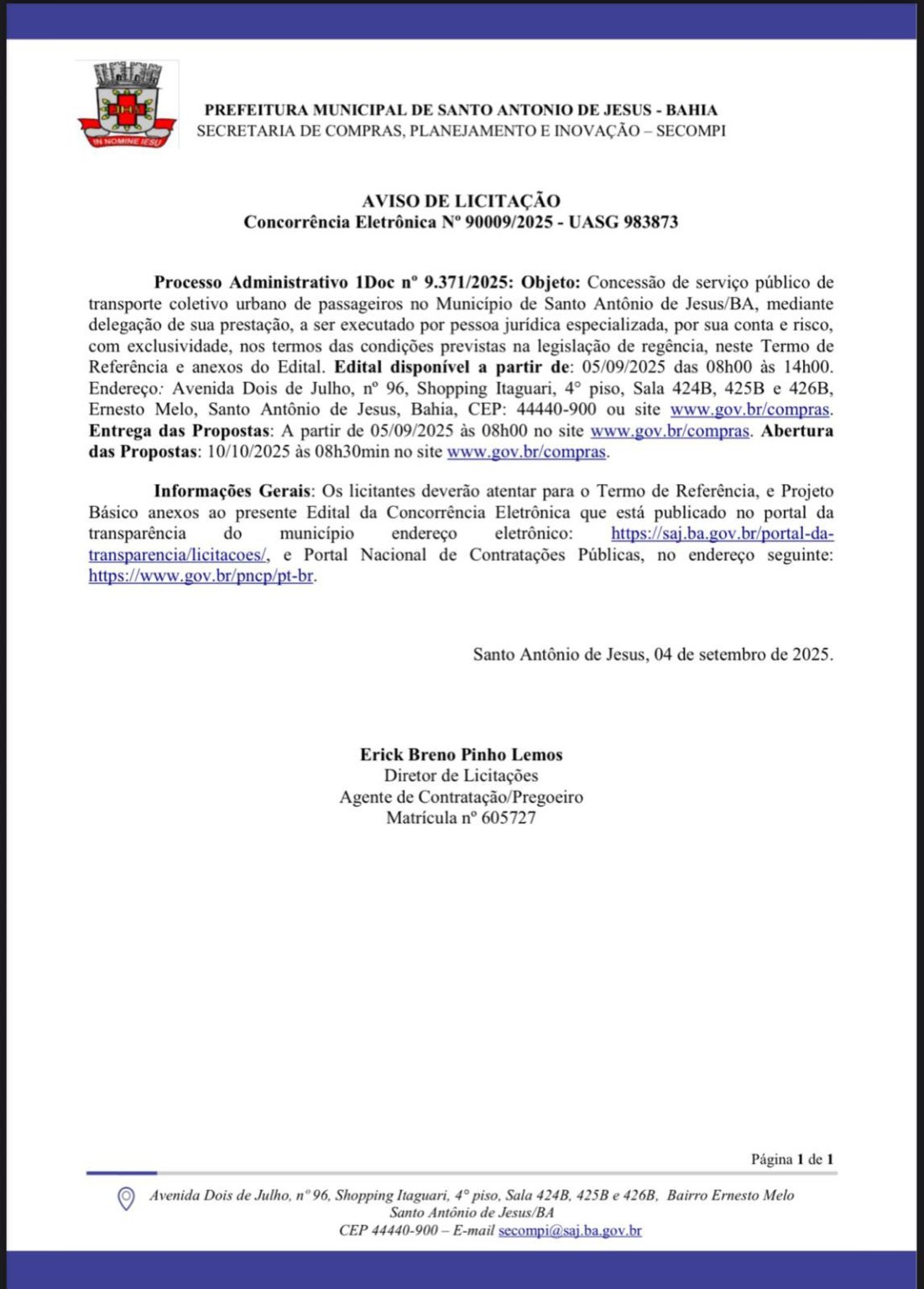 Prefeitura de Santo Antônio de Jesus realiza licitação para escolha da nova concessionária de transporte coletivo urbano